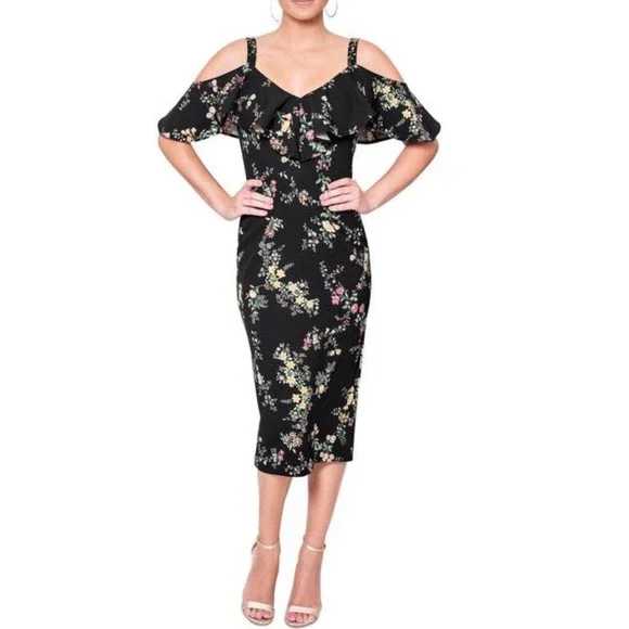 RACHEL Rachel Roy | Dresses | Rachel Roy Midi Dress Cold Shoulder Ruffle Floral  Black Career Plus Sz 8w New | Poshmark